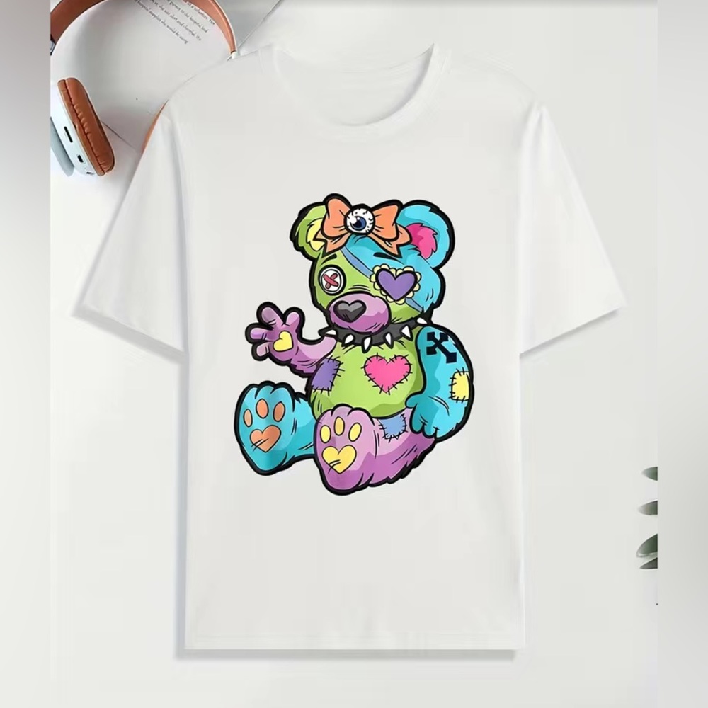 Horror Bear Doll T-Shirt White Multicolor Men's L Unisex Halloween Gothic Edgy
